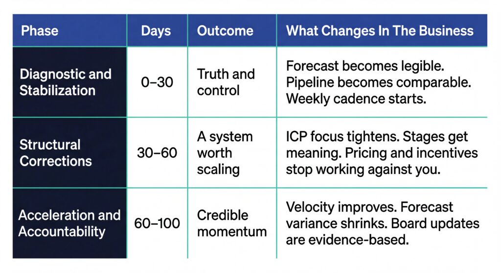 Table outlining 0–100 day sales turnaround phases with outcomes and business impact changes.