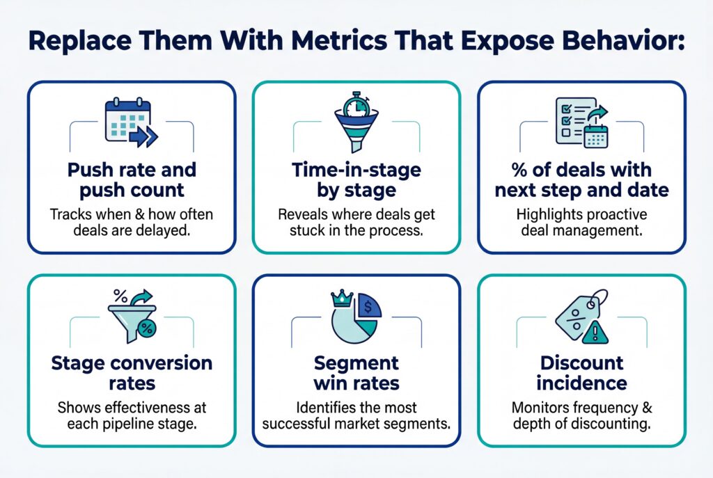 Infographic listing sales metrics like push rate, time-in-stage, conversion, win rates, and discount incidence.