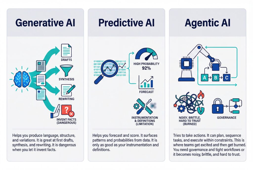 Infographic comparing Generative AI, Predictive AI, and Agentic AI with icons, examples, and limitations for each.