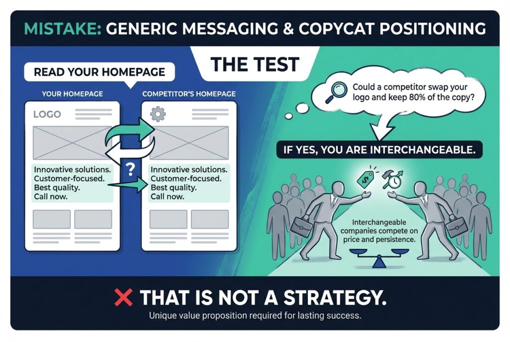 Infographic illustrating the GTM mistake of generic messaging, comparing interchangeable homepage copy and warning that copycat positioning leads to price-based competition.