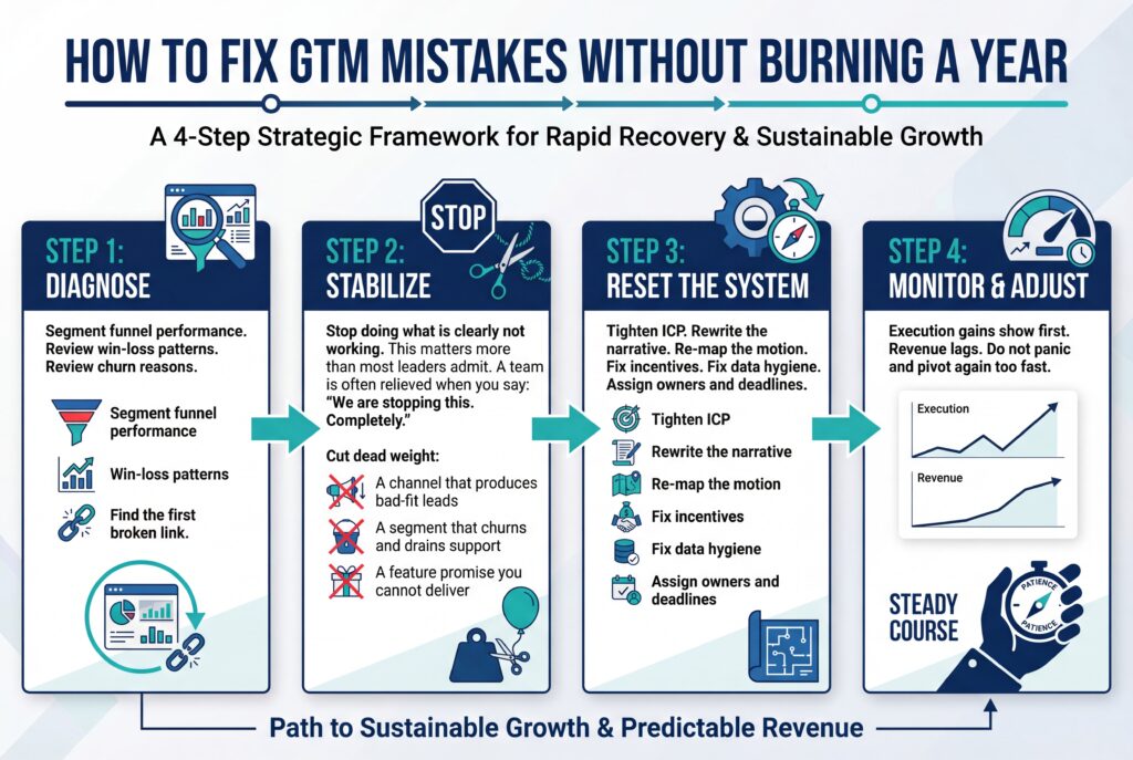 Four-step framework infographic showing how to diagnose, stabilize, reset, and monitor GTM execution to recover from mistakes and drive sustainable growth.