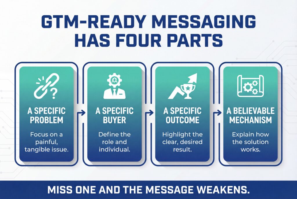 Infographic showing four elements of GTM-ready messaging: a specific problem, buyer, outcome, and believable mechanism.