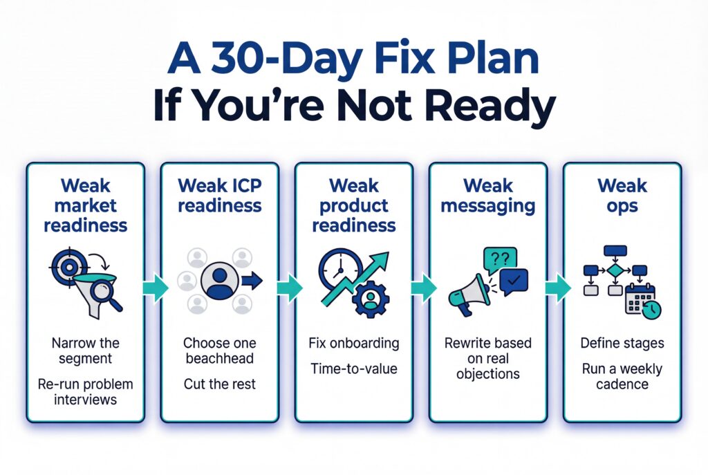 Infographic showing a 30-day plan to fix GTM readiness across market, ICP, product, messaging, and operations.