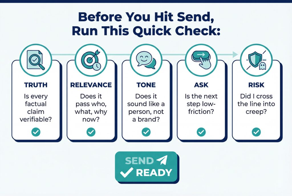 Sales outreach checklist covering truth, relevance, tone, ask, and risk before sending a message.