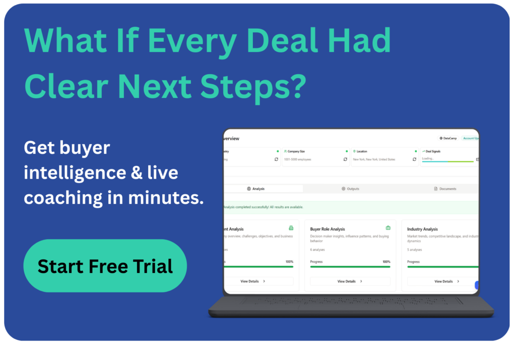 EnableU CTA promoting buyer intelligence and coaching to create clear next steps in deals.