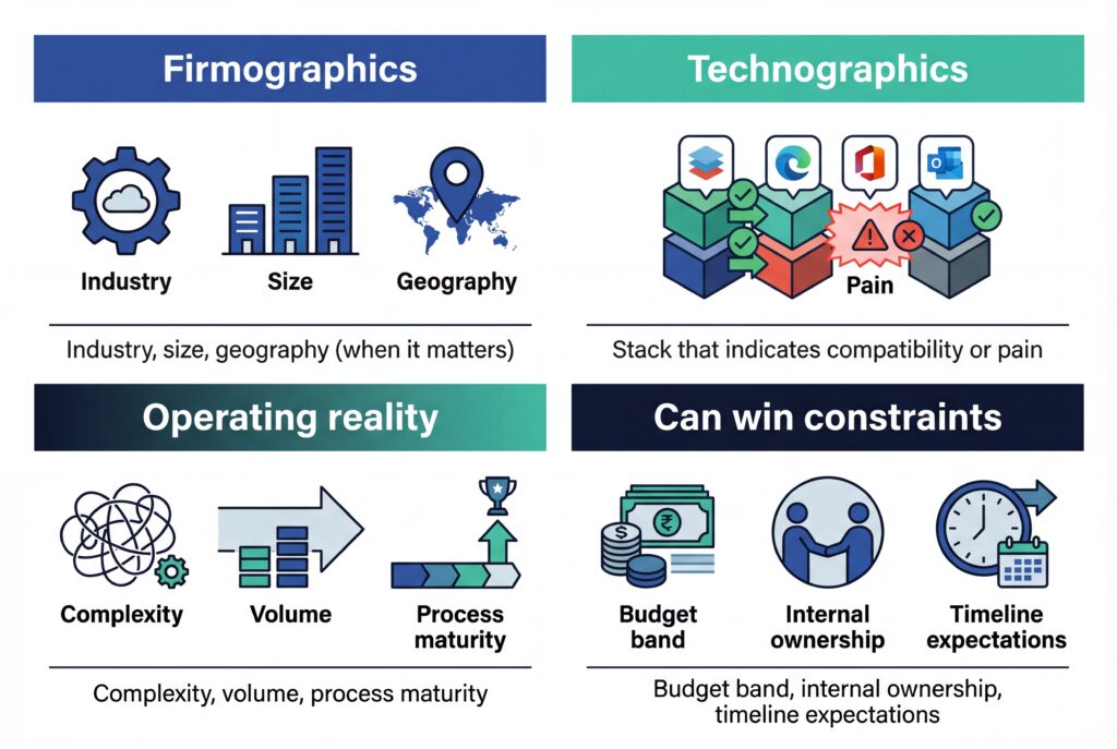 Framework illustrating firmographics, technographics, operating reality, and win constraints for prospect evaluation.