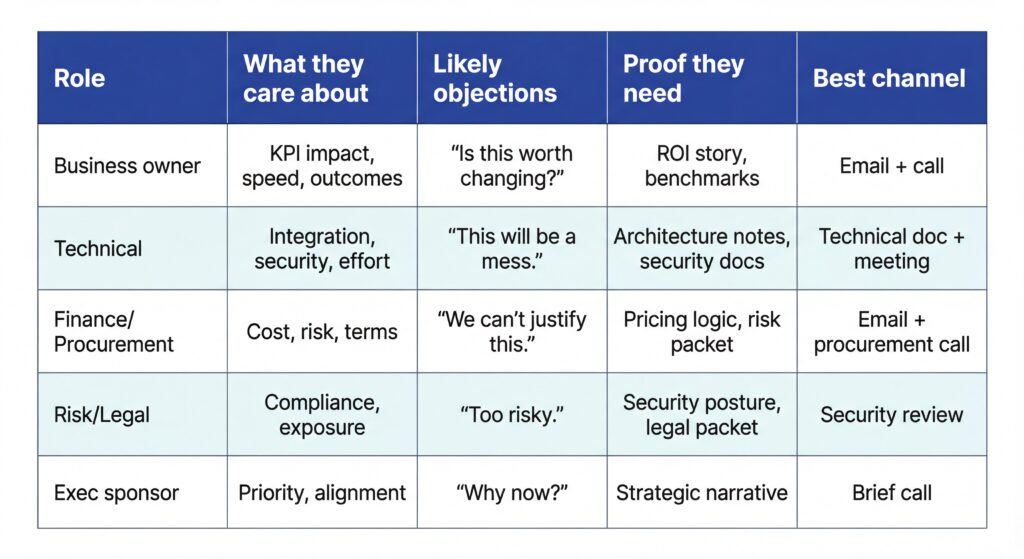 Table showing stakeholder roles, priorities, objections, proof required, and best outreach channels.