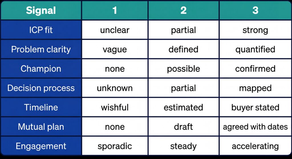 Table scoring sales signals from 1 to 3 across ICP fit, problem clarity, champion, decision process, timeline, mutual plan, and engagement levels.