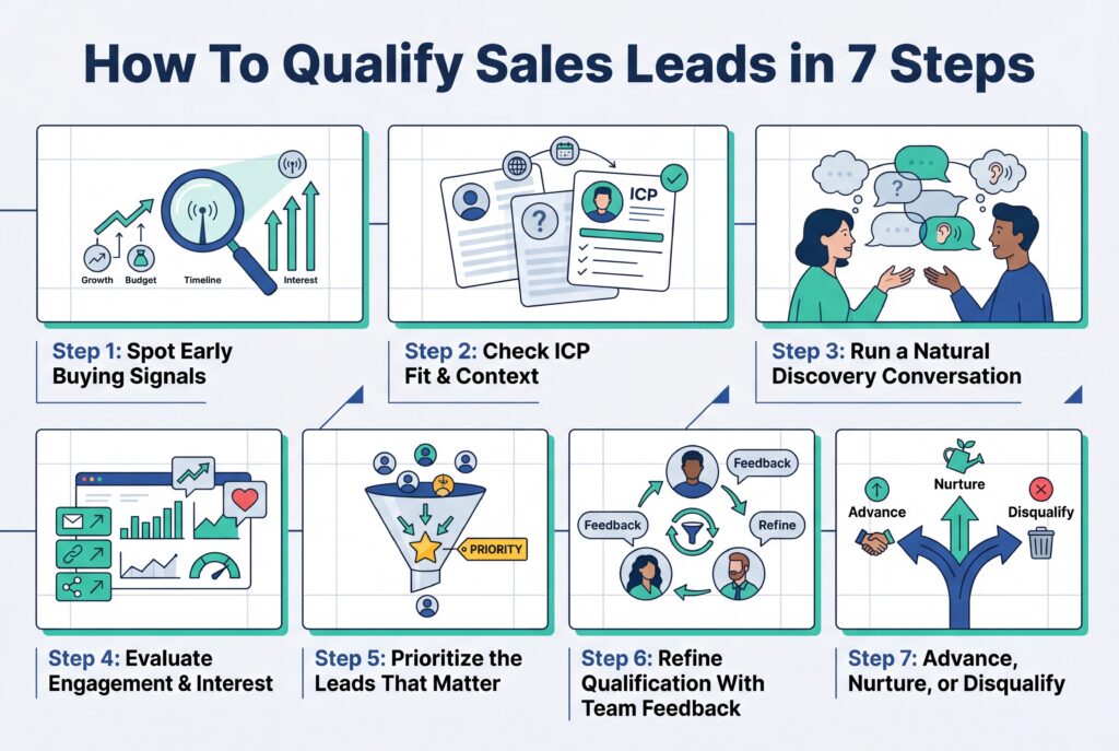 Visual breakdown of seven steps for qualifying sales leads, including signals, ICP fit, discovery, and prioritization.
