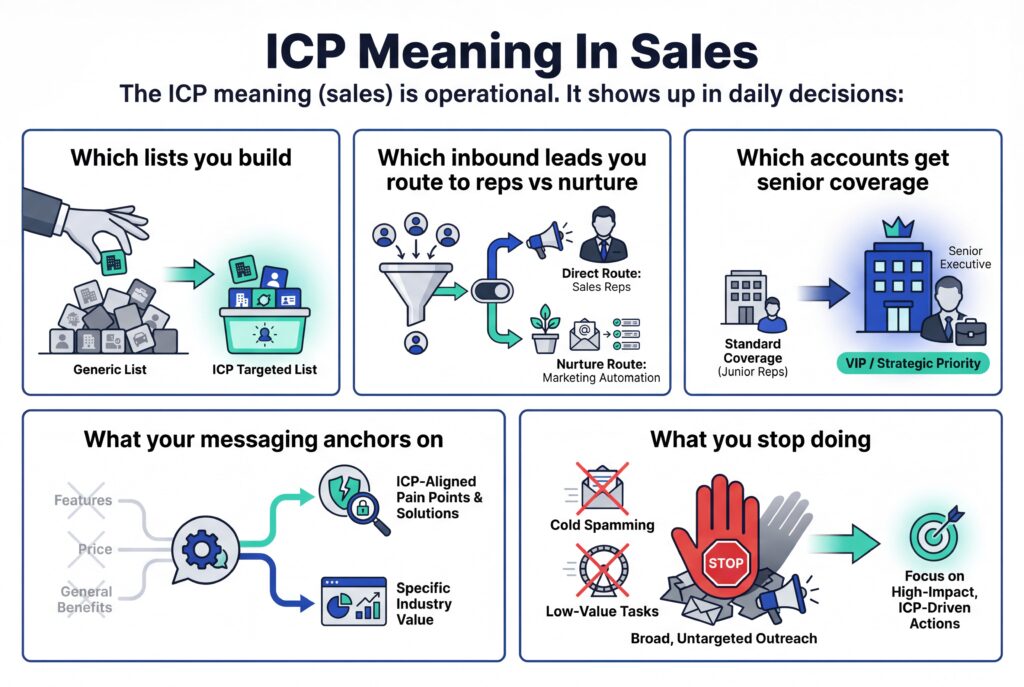 Infographic explaining ICP meaning in sales through list building, lead routing, account coverage, messaging focus, and stopping untargeted outreach.