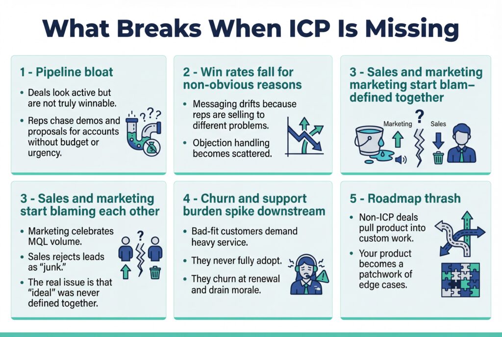 Infographic showing consequences of missing ICP in sales, including pipeline bloat, lower win rates, team misalignment, churn, and roadmap thrash.