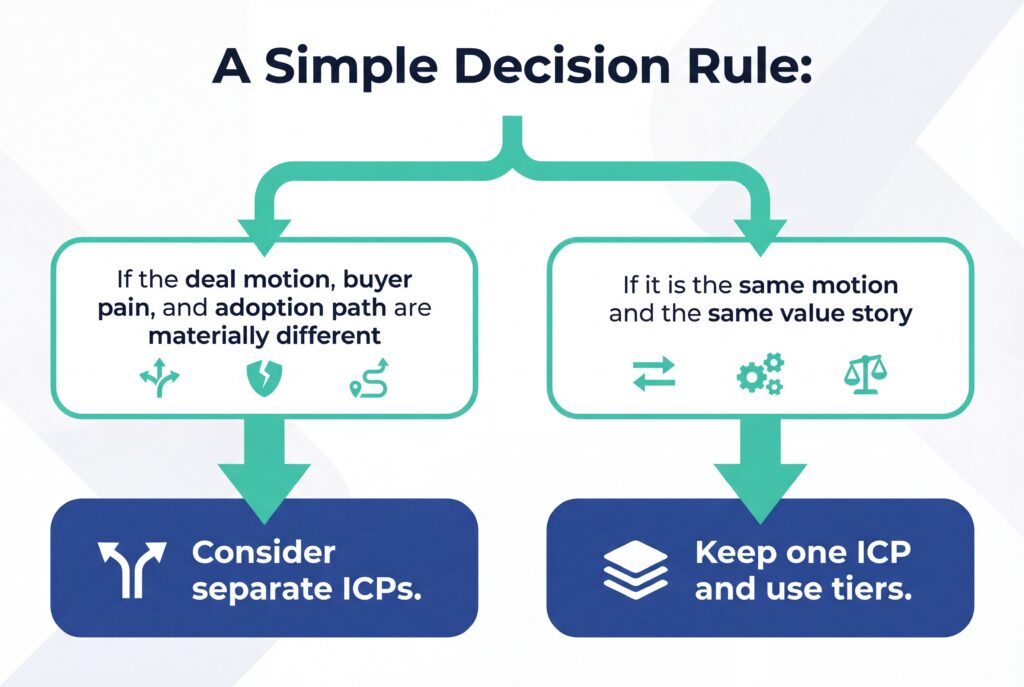 Decision chart showing when to create separate ICPs versus using tiers based on deal motion, buyer pain, and value story similarity.