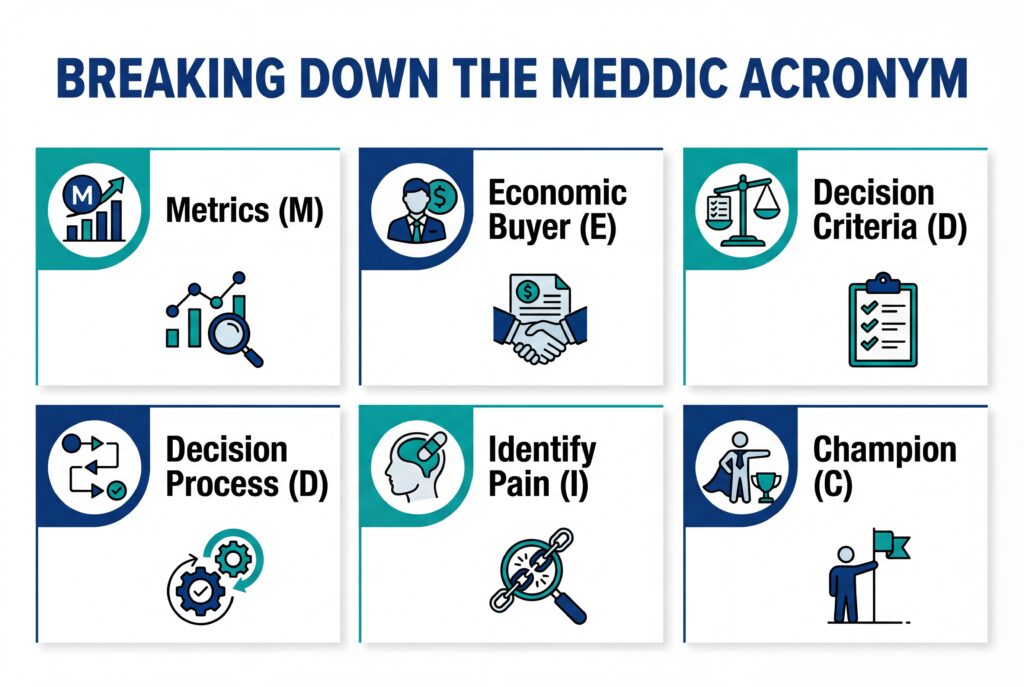Graphic breaking down the MEDDIC acronym into metrics, economic buyer, decision criteria, decision process, identify pain, and champion.
