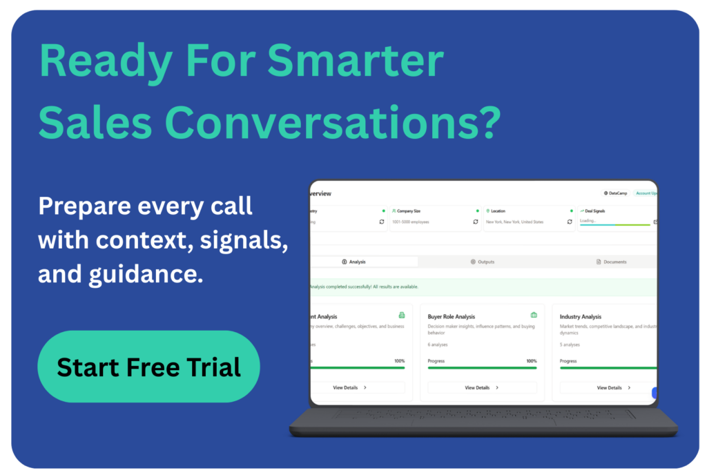 Banner reading “Ready for smarter sales conversations?” with a laptop dashboard and a “Start Free Trial” call-to-action.