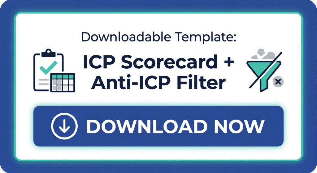Call-to-action graphic promoting a downloadable ICP scorecard and anti-ICP filter template.