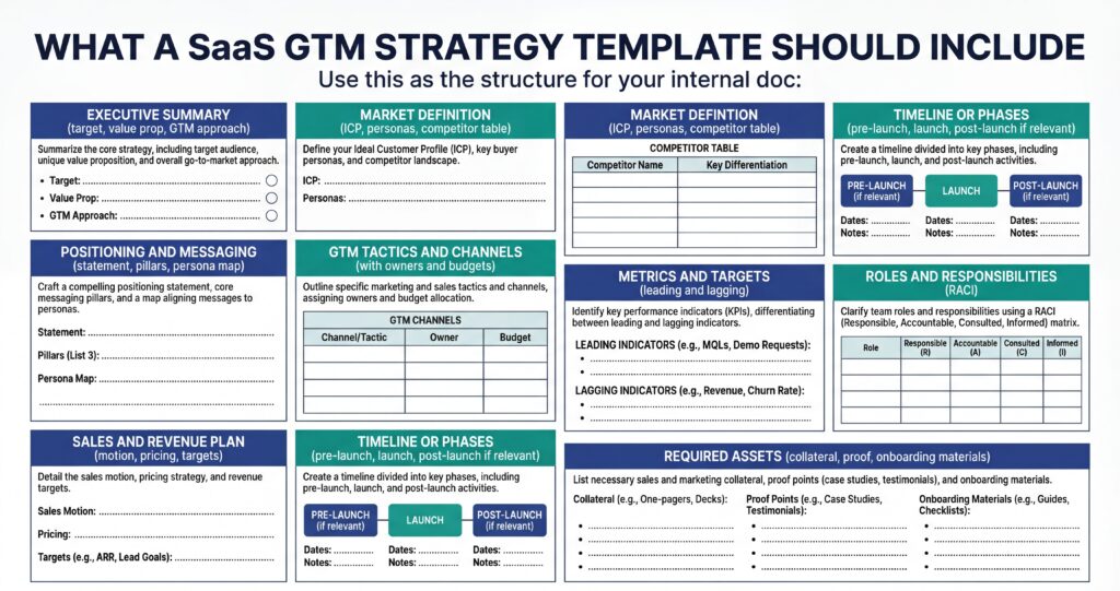 SaaS GTM strategy template outlining executive summary, market definition, positioning, tactics, metrics, roles, timelines, and required assets.