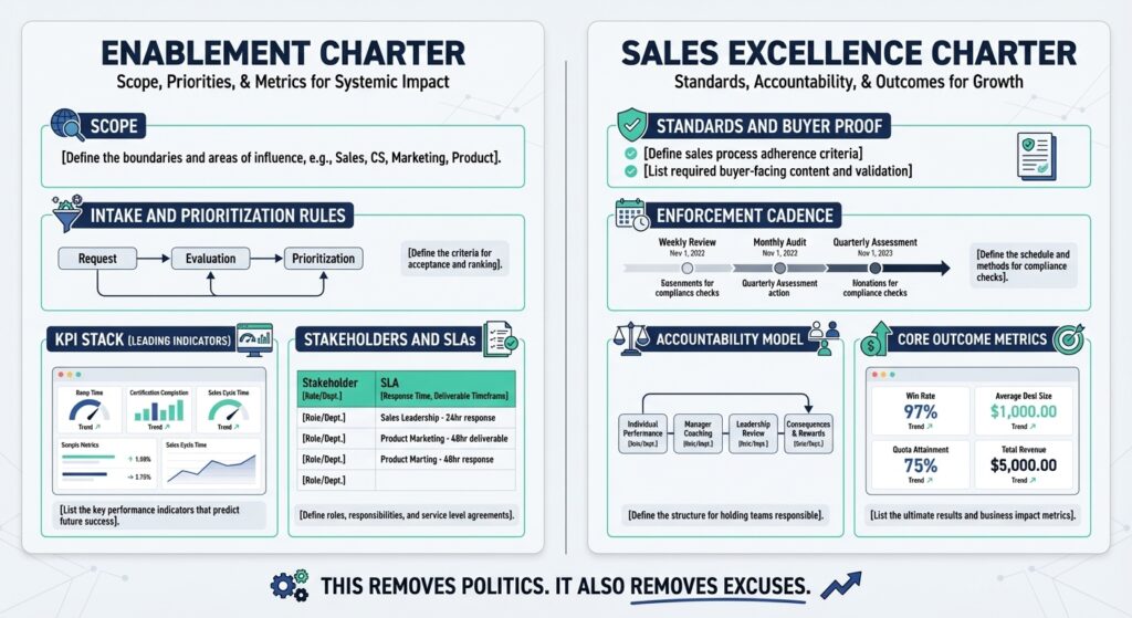 Side-by-side chart comparing a sales enablement charter with a sales excellence charter, outlining scope, standards, accountability, and metrics.
