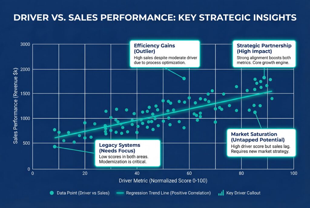 Scatter plot of driver metric vs. sales performance with regression trend line and callouts for efficiency gains, strategic partnership, legacy systems, and market saturation.