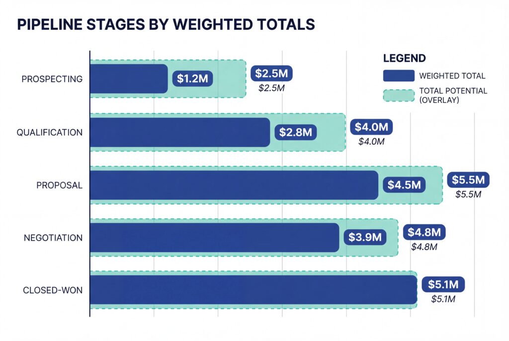 Horizontal bar chart of pipeline stages showing weighted totals versus total potential from prospecting to closed-won.