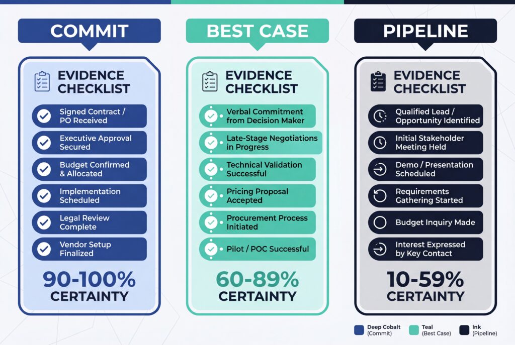 Comparison chart of commit, best case, and pipeline deal stages with evidence checklists and certainty ranges.