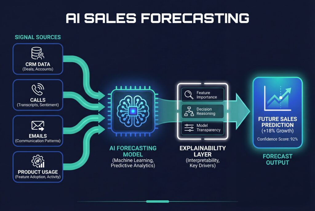 Diagram of AI sales forecasting showing CRM, calls, emails, and product usage feeding a predictive model with explainability layer and future sales prediction output.