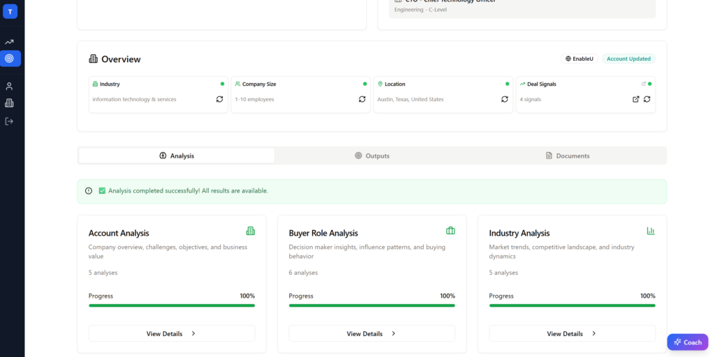 EnableU's Deal Pilot sales platform overview screen showing account, buyer role, and industry analysis modules with 100% progress.