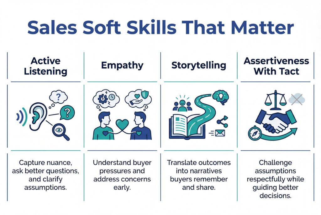 Visual highlighting sales soft skills like active listening, empathy, storytelling, and assertiveness with tact.