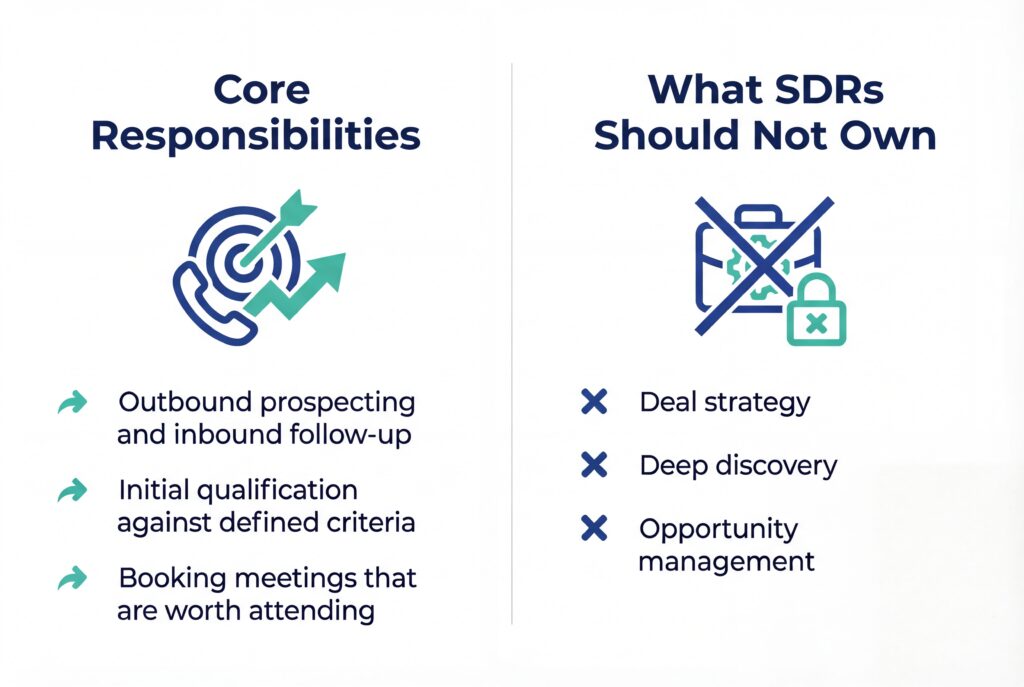 Split graphic showing SDR core responsibilities versus what SDRs should not own, including prospecting and qualification on one side and excluded tasks like deal strategy on the other.