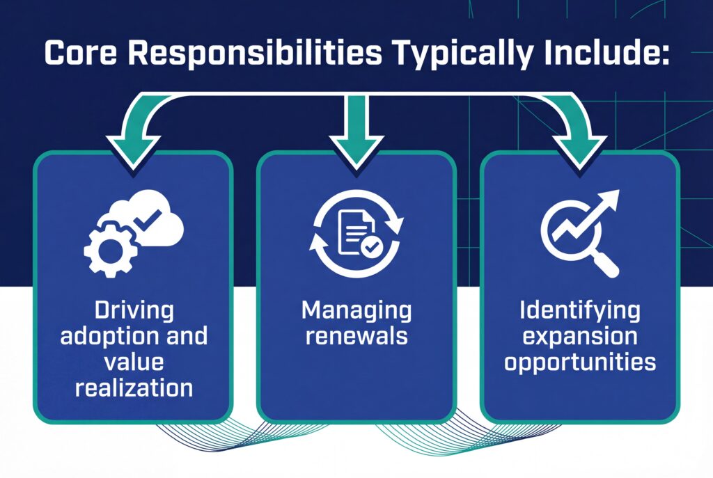 Diagram showing core responsibilities, including driving adoption and value realization, managing renewals, and identifying expansion opportunities.