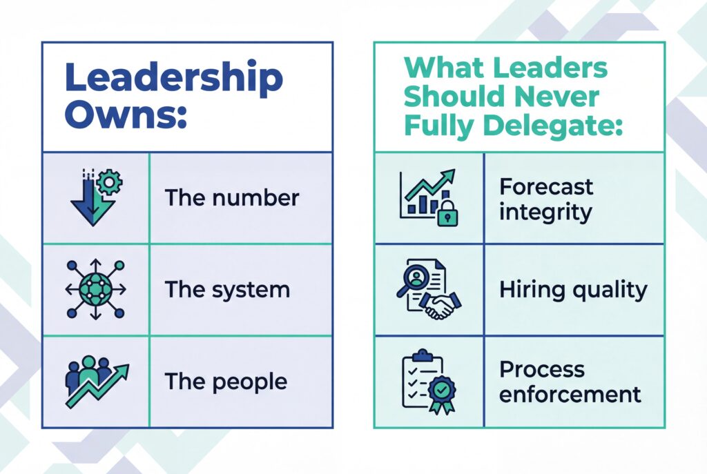 Comparison graphic showing leadership responsibilities versus areas leaders should never fully delegate, including numbers, systems, people, forecast integrity, hiring quality, and process enforcement.