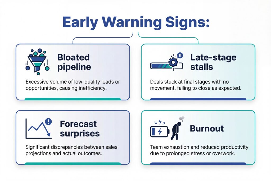 Infographic highlighting early warning signs in sales teams, including bloated pipeline, late-stage deal stalls, forecast surprises, and team burnout.