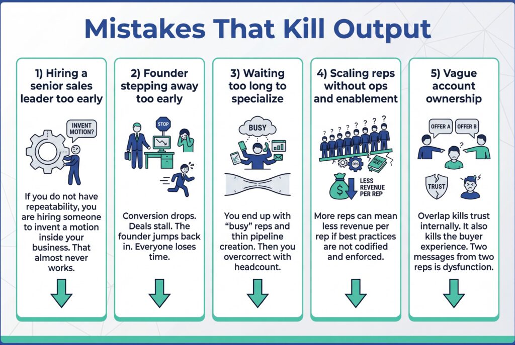 Infographic outlining five common sales and revenue mistakes that reduce output, from premature leadership hires to unclear account ownership.