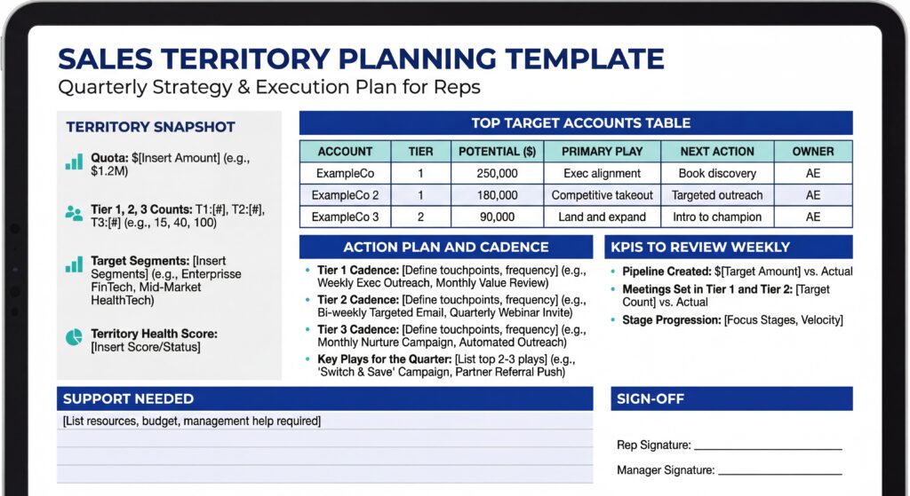 Sales territory planning template showing quota snapshot, top target accounts, action cadence, weekly KPIs, and quarterly execution planning for sales reps.