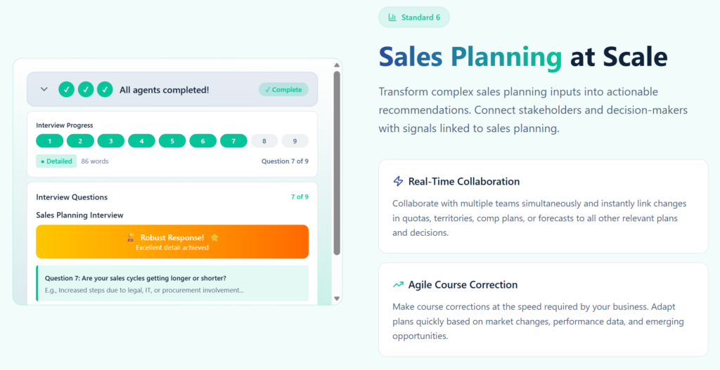 EnableU's interface showing sales planning at scale with completed planning agents, interview progress, real-time collaboration, and agile course correction features.