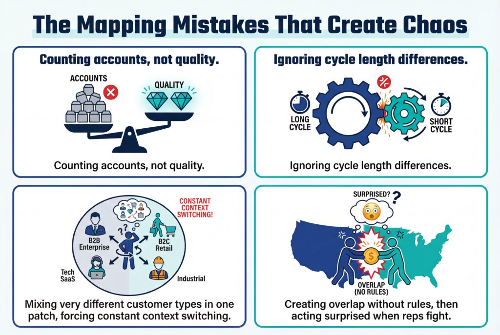 Infographic highlighting common sales territory mapping mistakes, including prioritizing volume over quality, ignoring cycle lengths, mixing customer types, and creating rep overlap without rules.