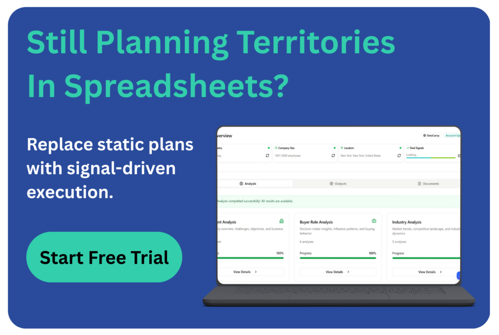 EnableU call-to-action graphic encouraging teams to replace spreadsheet-based territory planning with signal-driven execution, featuring a free trial.