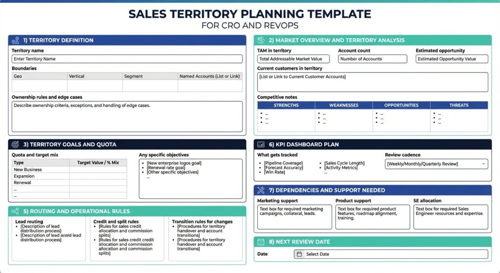 Sales territory planning template for CROs and RevOps, outlining territory definition, market analysis, goals, routing rules, KPIs, and review cadence.