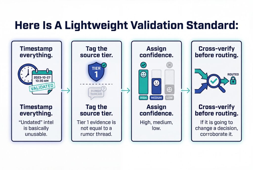 Infographic showing a lightweight validation standard: timestamp intel, tag source tier, assign confidence, and cross-verify before routing.