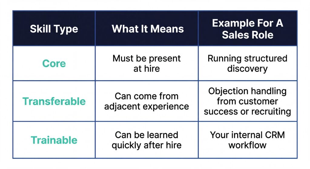 Table explaining core, transferable, and trainable skills with examples for a sales role.